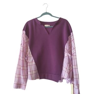 Paper + Tee Cropped Oversized 2X Ribbed Collar Raw V  Neck Sweatshirt Purple